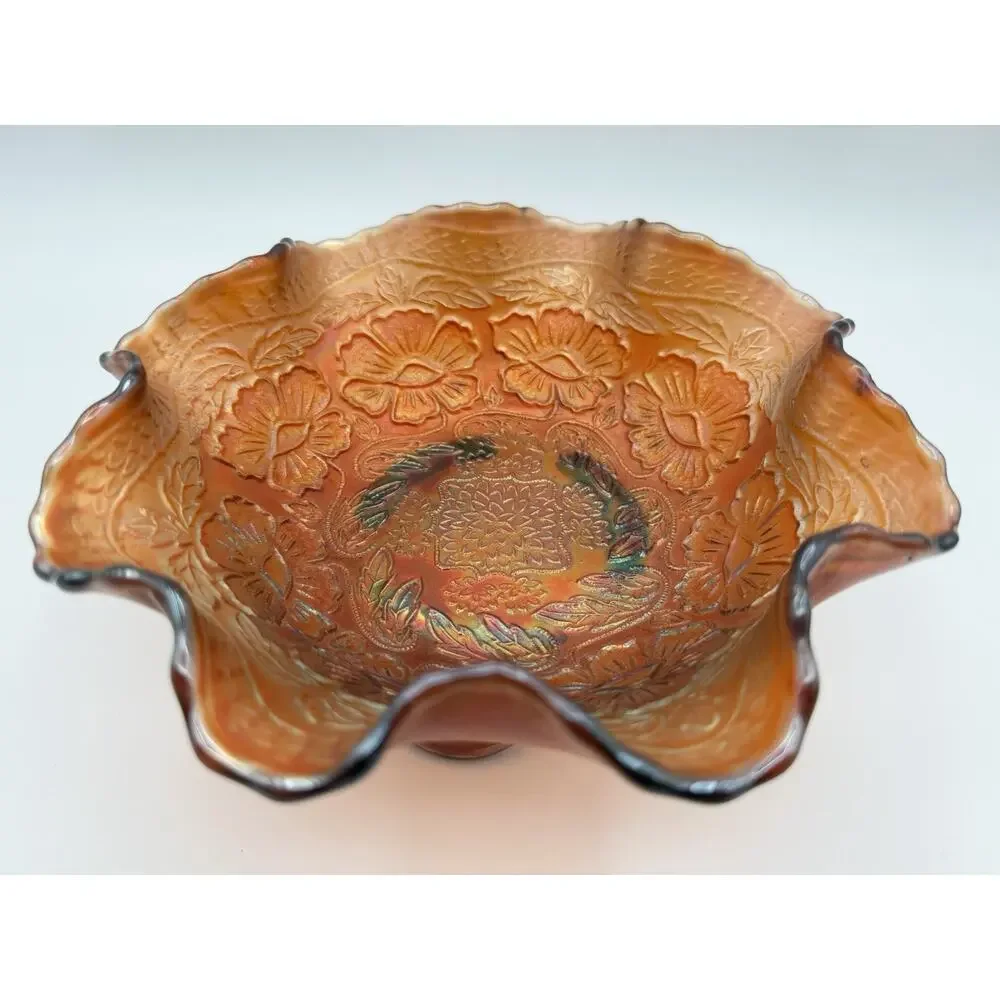 Fenton Two Flowers Carnival Glass Footed Bowl 8” Ruffled Wavy Edge Antique